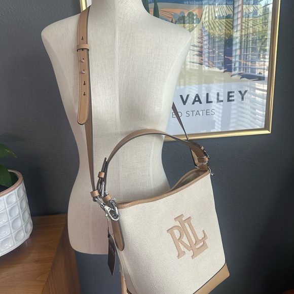 NWT Ralph Lauren Canvas Med Whitley Beige Tan Monogram Shoulder Bucket Bag - Picture 10 of 10